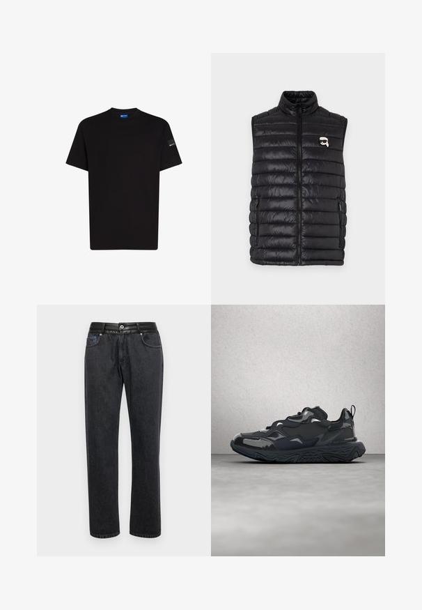 Chaleco acolchado negro con cuello alto, cierre frontal con cremallera, dos bolsillos laterales y un pequeño logo en el pecho. Material suave y ligero.; Camiseta de algodón negra con mangas cortas, escote redondo y un pequeño detalle de etiqueta en la manga izquierda. Textura suave, corte estándar.; Jeans de denim negro con un corte recto, que cuentan con una cinturilla de cuero suave, bolsillos frontales y detalles de costura sutiles.; Zapatilla de correr negra con parte superior texturizada, detalles suaves y suela gruesa con dibujo de ondas, diseñada para ofrecer comodidad y durabilidad.
