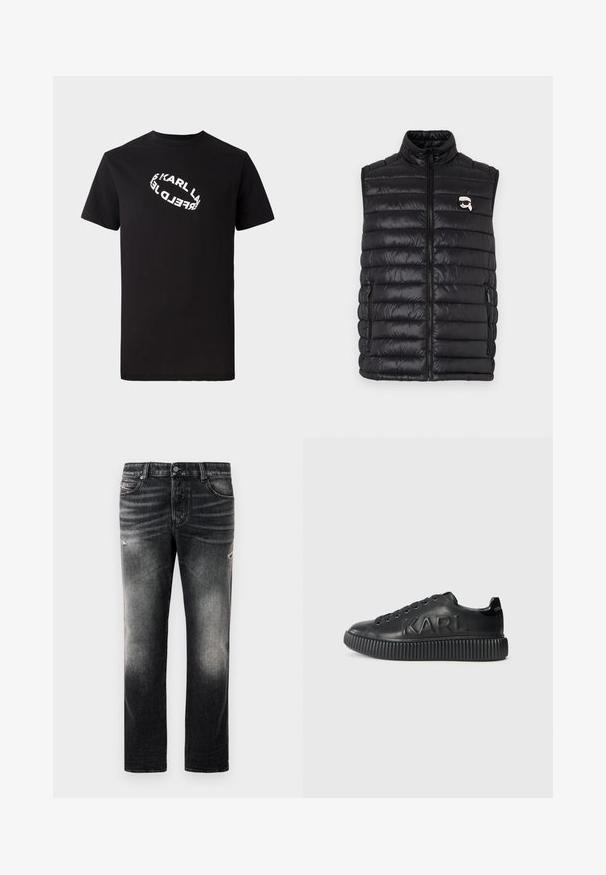 Chaleco acolchado negro con cuello alto, cierre frontal con cremallera, dos bolsillos laterales y un pequeño logo en el pecho. Material suave y ligero.; Camiseta de algodón negra con mangas cortas y cuello redondo. Presenta un texto de logo distorsionado en blanco impreso en el frente.; Jeans negros con acabado desgastado y toques rasgados, diseño estándar de cinco bolsillos y cierre con cremallera. Elaborados en tela de denim.; Zapatilla negra hecha de cuero suave, con una suela gruesa con estrías y el nombre de la marca en relieve. Diseño clásico de cordones con ojales redondos.