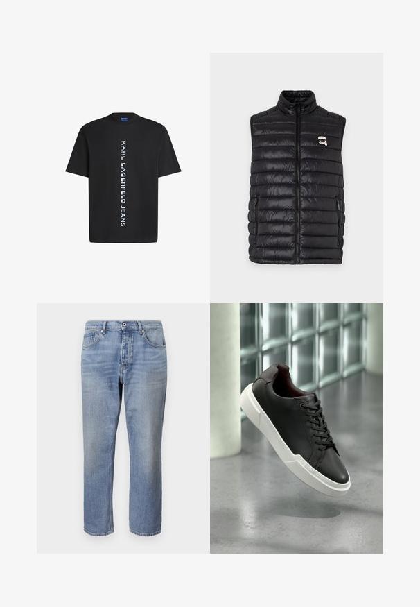 Zwarte gewatteerde vest met hoge halslijn, voorkant met ritssluiting, twee zijzakken en een klein logo op de borst. Gladde, lichtgewicht stof.; Zwarte katoenen t-shirt met verticale witte tekst "KARL LAGERFELD JEANS." Klassieke ronde hals en korte mouwen. Soepele textuur.; Lichtblauwe denimjeans met een rechte pijp, vijfzakkenontwerp, zichtbare stiksels en een knoopsluiting aan de taille.; Zwarte leren sneaker met dikke witte zool en zwarte veters, zwevend boven een grijze betonnen vloer nabij een glazen blokmuur.