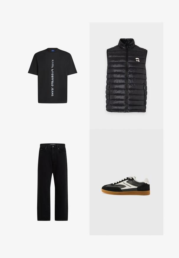 Zwarte gewatteerde vest met hoge halslijn, voorkant met ritssluiting, twee zijzakken en een klein logo op de borst. Gladde, lichtgewicht stof.; Zwarte katoenen t-shirt met verticale witte tekst "KARL LAGERFELD JEANS." Klassieke ronde hals en korte mouwen. Soepele textuur.; Zwarte denim broek met een losse pasvorm, voorzien van een standaard vijf-pocket ontwerp, een knoopsluiting en subtiele merkborduring.; Zwart-witte low-top sneakers van suède en leer, met een gumrubberen zool en een logo detail van "Karl Lagerfeld".