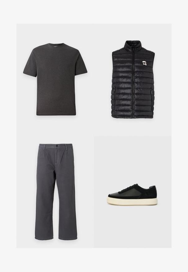 Chaleco acolchado negro con cuello alto, cierre frontal con cremallera, dos bolsillos laterales y un pequeño logo en el pecho. Material suave y ligero.; Camiseta de manga corta gris, hecha de una tela suave y ligera, con cuello redondo y costuras mínimas. Apta para uso casual.; Pantalones de algodón gris oscuro con un diseño de pierna recta, cierre frontal de botón y costuras decorativas. Incluye bolsillos laterales y un ajuste casual.; Zapatilla negra que combina cuero y ante, con puntera redonda, cordones a tono y una suela de goma blanca gruesa. Detalle sutil del logo en el costado.