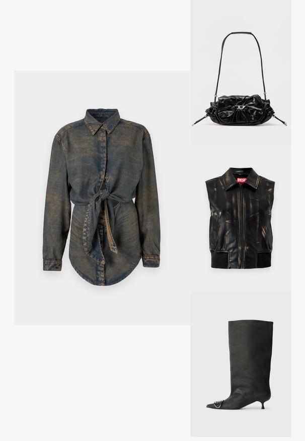 Sort lædervest uden ærmer med slidte brune mærker, lynlås foran, sidelommer og ribbet kantdetalje. Har logo på brystet.; Denimskjorte i mørkeblå med en let falmet finish. Har en spids krave, knaplukning og en knyttet detalje i taljen.; Sort læder ankelstøvle med spidse tå, lille hæl og metallisk detalje på tæerne. Glat, mat overflade hele vejen igennem.; Sort læderhåndtaske med et opsamlet design og sløjfedetalje foran. Har en kort hank og sølvfarvede hardware-accenter.