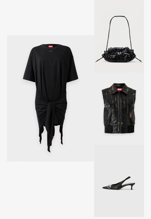 Chaqueta sin mangas de cuero negro con marcas desgastadas en color marrón claro, cierre frontal con cremallera, bolsillos laterales y detalle de ribete en el dobladillo. Tiene un logo en el pecho.; Vestido de camiseta de algodón negro con mangas cortas, que presenta un detalle de nudo en la cintura y una etiqueta de logo. Textura suave y corte holgado.; Zapato de piel negra con diseño slingback y punta afilada, que presenta un detalle de logo plateado y un tacón pequeño. Textura suave y diseño minimalista.; Bolso de mano de cuero negro con diseño fruncido y detalle de lazo en la parte frontal. Cuenta con un asa corta y detalles metálicos en color plata.