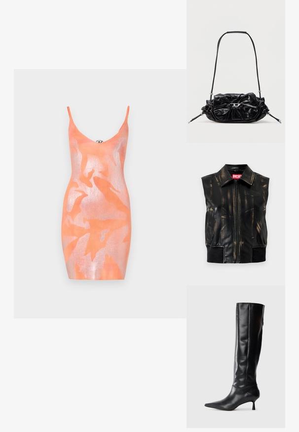 Sort lædervest uden ærmer med slidte brune mærker, lynlås foran, sidelommer og ribbet kantdetalje. Har logo på brystet.; Strikket bodycon kjole i orange med et glimrende overlay. Har tynde stropper, en dyb V-hals og et bladmønster. Generelt glat tekstur.; Sorte læder knæhøje støvler med spids tå og slank buet hæl. Glat tekstur, tætsiddende design og ingen synlig hardware eller mønstre.; Sort læderhåndtaske med et opsamlet design og sløjfedetalje foran. Har en kort hank og sølvfarvede hardware-accenter.