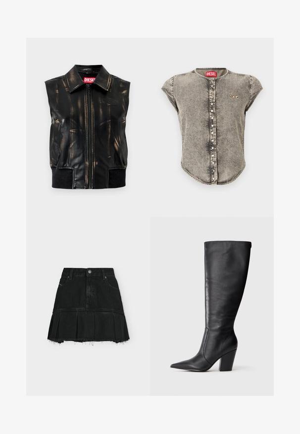 Veste sans manches en cuir noir avec motifs usés couleur tan, fermeture éclair à l'avant, poches latérales et détail de bord-côte à l'ourlet. Logo visible sur la poitrine.; Haut sans manches en denim délavé à l'acide avec boutons-pression sur le devant et étiquette logo Diesel au col et sur la poitrine.; Mini-jupe en denim noir avec bas plissé, ourlet effiloché, fermeture à boutons et zip devant, et passants pour ceinture sur un fond clair uni.; Botte en cuir noire à hauteur de genou avec bout pointu et talon large, présentée en profil latéral gauche sur fond blanc.