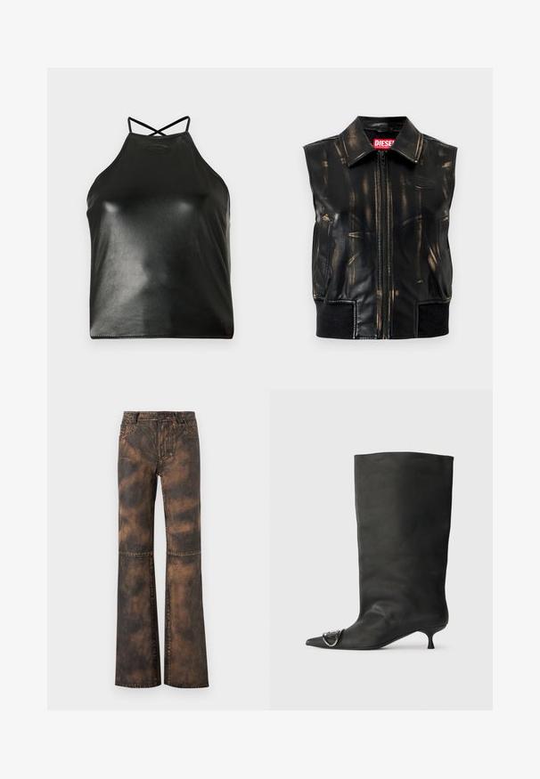 Veste sans manches en cuir noir avec motifs usés couleur tan, fermeture éclair à l'avant, poches latérales et détail de bord-côte à l'ourlet. Logo visible sur la poitrine.; Haut noir à col licou en similicuir brillant. Dispose de bretelles croisées dans le dos et d'un logo discret embossé près de l'encolure.; Pantalon évasé en denim marron avec une finition délavée et texturée. Il dispose de cinq poches, passants de ceinture et d'une fermeture par bouton. Coutures plates et jambes larges.; Bottines en cuir noir à bout pointu, petite talon et détail métallique sur le bout. Texture lisse et mate partout.