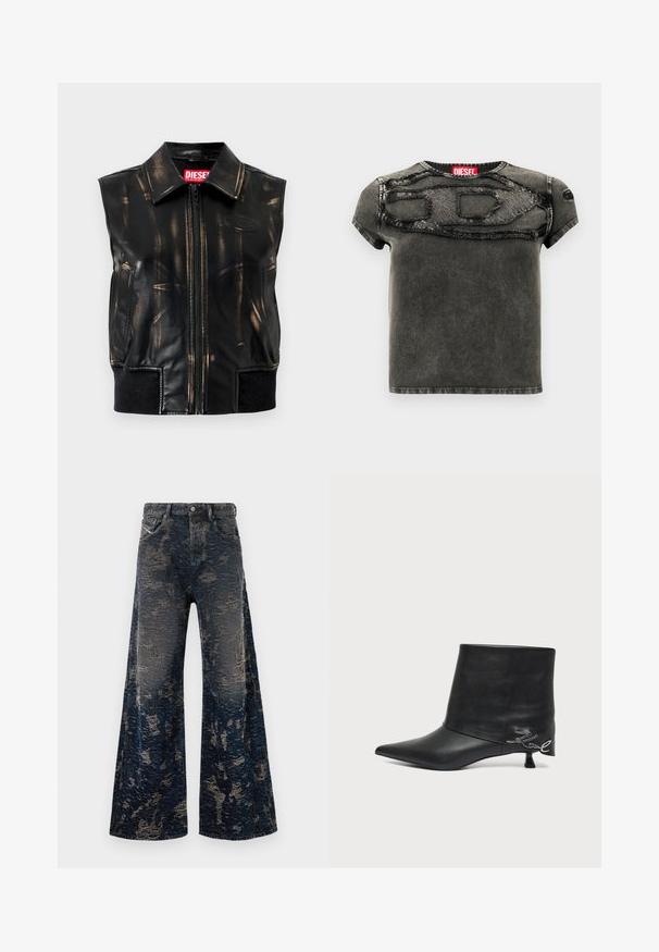 Sort lædervest uden ærmer med slidte brune mærker, lynlås foran, sidelommer og ribbet kantdetalje. Har logo på brystet.; Sort denim kortærmet skjorte med et slidt patch-design på forsiden, teksturerede detaljer og en ribbet rund halsudskæring.; Mørkeblå vide bukser i jeans med en slidt, syrevaske-overflade og klassisk fem-lommerdesign.; Sort læderankelstøvle med spids tå, kort kittenhæl og sølvfarvet skriftlig detalje nær hælen.