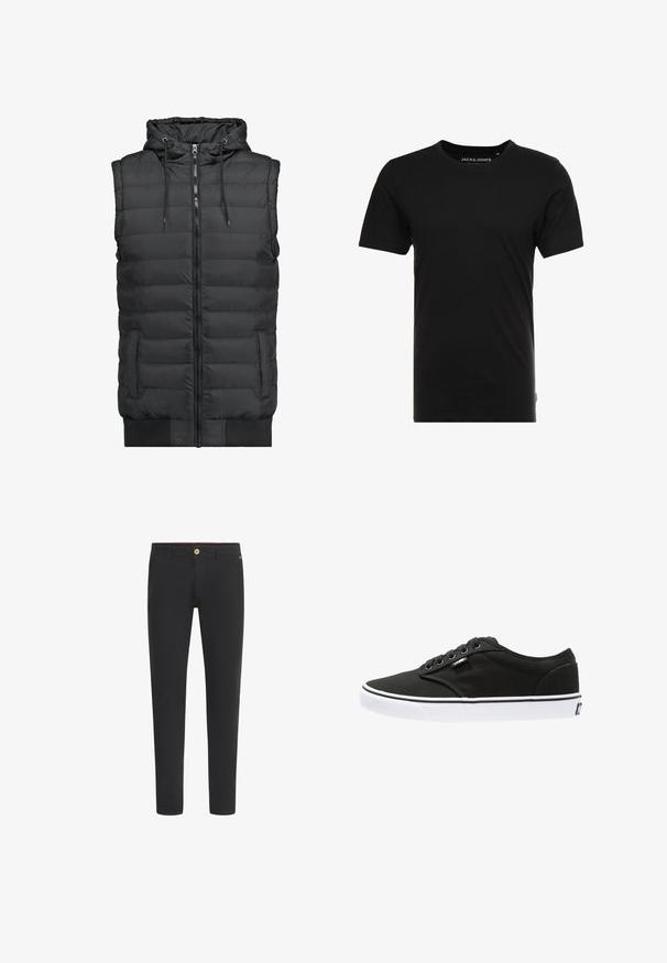 Chaleco de plumas negro, diseño sin mangas con capucha, cremallera frontal y dos bolsillos laterales. Presenta una textura acolchada y un dobladillo elástico.; Camiseta de manga corta negra hecha de algodón, con cuello redondo y una sutil etiqueta de logo en el costado. Diseño simple y versátil.; Pantalones ajustados negros con trabillas para cinturón, bolsillos delanteros y cierre de botón en la cintura.; Zapatillas de lona negras con suelas de goma blancas, punta redondeada, cinco ojales, branding mínimo y costuras en blanco y negro.