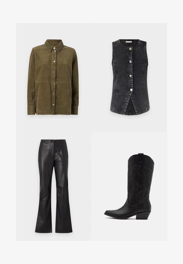 Veste en denim noire avec un col rond, fermeture à boutons sur le devant et une coupe ajustée. Présente un ourlet légèrement incurvé et des détails de couture visibles.; Veste chemise en velours côtelé vert olive avec col, manches longues, boutons argentés et texture ribbed verticale.; Pantalons évasés en cuir noir avec une texture lisse, dotés d'une fermeture éclair avant et d'un bouton. Le design est ajusté au niveau des hanches, s'évasant au niveau de l'ourlet.; Botte de cowboy en cuir noir avec un bout pointu, un talon bas empilé et un motif de feuilles embossé complexe sur la tige. Boucle en haut pour un enfilage facile.
