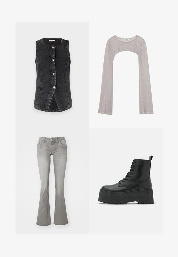 Sort denimvest med rund hals, frontknaplukning og figursyet design. Har en let buet kant og synlige syninger.; Sølvmetalisk strikket bolero-sweater med lange ærmer og bred halsudskæring, mærket Even & Odd.; Grå flagrende jeans med en middelhøj talje, frontlommer og knaplukning, lavet af denimstof med en glat tekstur.; Sorte ankelstøvler med en kraftig platformssål, lavet af glat læder, med snørebåndsdesign og en træktab bagpå.