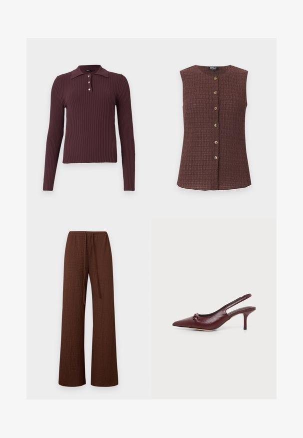 Blouse marron texturée sans manches avec six boutons sur le devant et un col rond, conçue pour les femmes, présentée sur un fond blanc.; Polo à manches longues côtelé de couleur bordeaux foncé avec un petit col et trois boutons au niveau du cou. Texture douce avec une silhouette ajustée.; Pantalon large marron texturé avec une taille élastique et un cordon assorti en tissu à nouer à l'avant.; Escarpin slingback en cuir bordeaux avec bout pointu, talon stilettos bas et petit détail en nœud sur l'avant, présenté sur un fond uni.