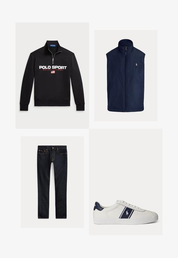 Marineblaues ärmelloses Weste aus leichtem Stoff, mit hohem Kragen, Frontreißverschluss und kleinem gesticktem Logo auf der linken Brust.; Schwarzer Zip-Hoodie aus weichem Stoff mit großem weißen "POLO SPORT"-Logo, roten Akzenten und einer kleinen amerikanischen Flagge.; Dunkelblaue Slim-Fit-Jeans mit fünf Taschen, Knopfverschluss und Kontrastnähten, flach auf hellem Hintergrund ausgelegt.; Weißer niedriger Sneaker mit dunkelblauem Streifen und Logo an der Seite sowie dunkelblauer Fersenschlaufe, flacher weißer Sohle und weißen Schnürsenkeln.