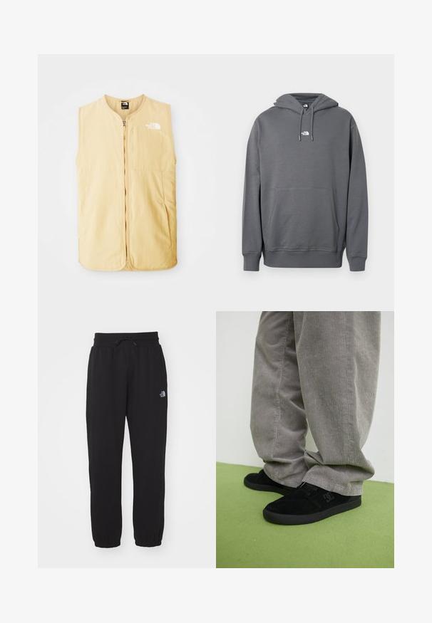 Gelbe, ärmellose Weste aus leichtem Stoff, mit einem Reißverschluss an der Vorderseite und einem Logo auf der linken Brust. Glatte Textur und sauberes Design.; Grauer Hoodie aus weichem Stoff, mit Kängurutasche, Kapuze mit Kordelzug, gerippten Bündchen und einem kleinen Logo auf der Brust.; Schwarze Jogginghose aus weichem Stoff, mit einem elastischen Bund und Kordelzug, Bündchen an den Knöcheln und einem kleinen Logo am Oberschenkel.; Schwarze Wildleder-Skate-Schuhe mit strukturiertem Finish und einem Logo, kombiniert mit grauen Cordhosen, die eine gerippte Textur aufweisen. Grüner Fußboden.
