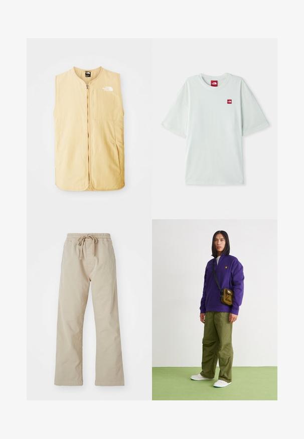 Gul, ærmeløs vest lavet af letvægtsstof, med en frontlynlås og et logo på venstre bryst. Glat tekstur og rent design.; Lysegrøn kortærmet t-shirt lavet af blød bomuld, med et lille rødt logo på venstre brystområde. Løs pasform og rund halsudskæring.; Beige bomuldsbukser med elastisk talje og snoretræk. Lige ben-design, glat stof og ingen synlige mønstre eller detaljer.; Jordan AIR JORDAN 1 ZM CMFT 2 - Sneakers high - summit white/bicoastal/oxidized green