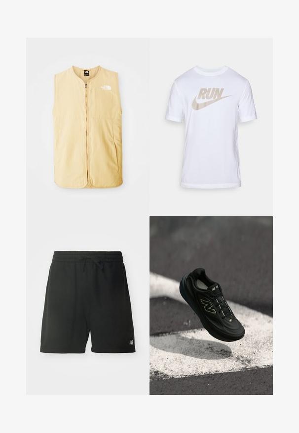 Gul, ærmeløs vest lavet af letvægtsstof, med en frontlynlås og et logo på venstre bryst. Glat tekstur og rent design.; Hvid bomulds T-shirt med stor beige "RUN" tekst og Nike swoosh logo, korte ærmer og klassisk rund hals.; Sorte bomulds sportsbukser med elastisk talje, justerbar snøre og logo detajle på nederste venstre ben. Glat tekstur.; Sort løbesko med mesh-overdel, skumsål og reflekterende detaljer. Har flade snørebånd og en polstret krave, ophængt over en racerbane.