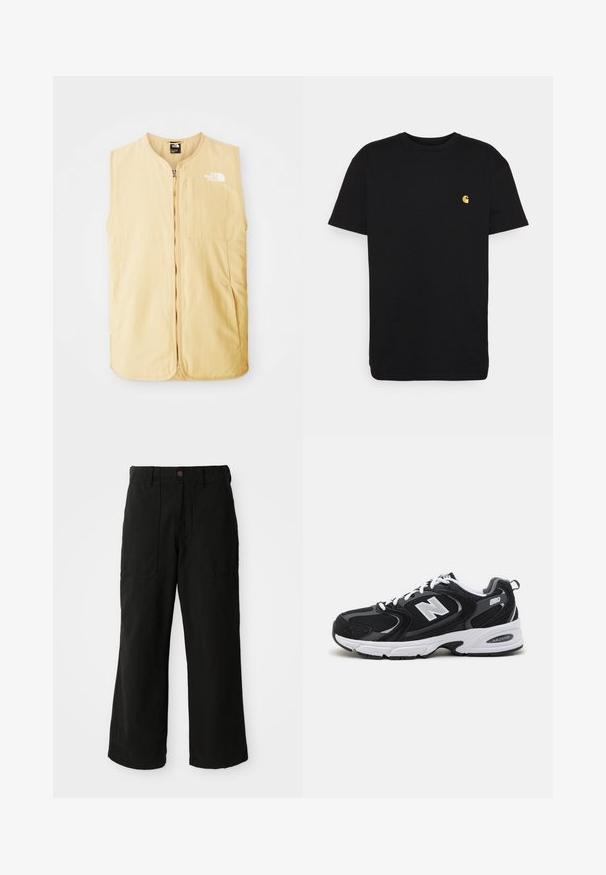 Gilet jaune sans manches en tissu léger, doté d'une fermeture éclair frontale et d'un logo sur la poitrine gauche. Texture lisse et design épuré.; T-shirt en coton noir à manches courtes, col rond, avec un petit logo jaune sur la partie gauche de la poitrine. Design simple et coupe régulière.; Pantalons noirs à large jambe en tissu doux, dotés de poches avant et d'une fermeture à bouton à la taille. Design minimaliste sans motifs visibles.; Baskets de sport noires et grises avec un tige en mesh et en suède, présentant une semelle intermédiaire blanche, des lacets et un logo "N" audacieux sur le côté.