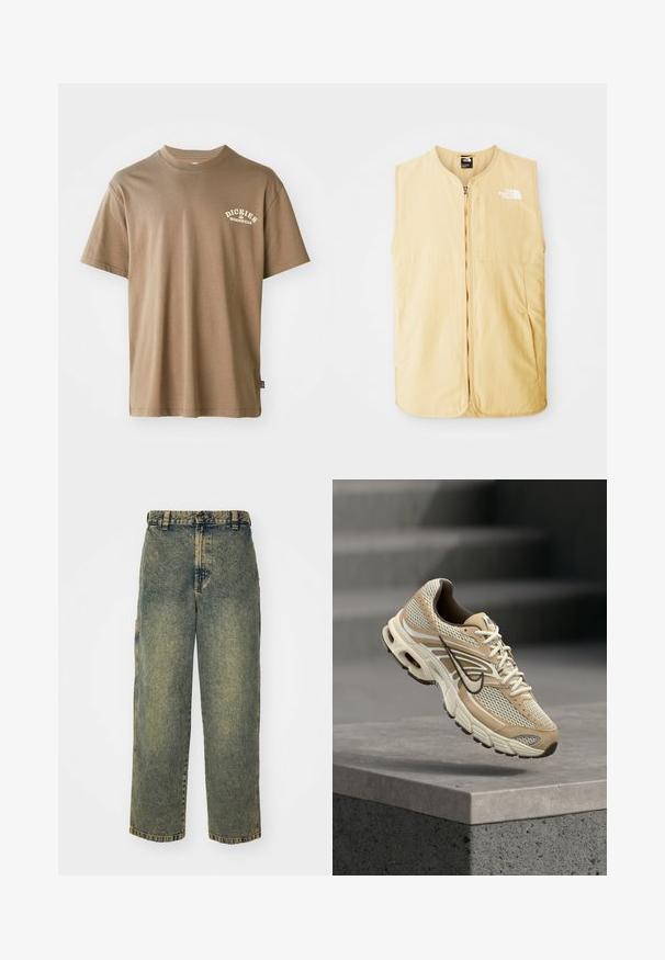 Gul, ærmeløs vest lavet af letvægtsstof, med en frontlynlås og et logo på venstre bryst. Glat tekstur og rent design.; Brun bomulds T-shirt med rund hals, korte ærmer og et hvidt logo med teksten "Dickies Workwear" på venstre brystområde.; Slidse denim jeans i en falmet blå og grøn vask. Har en knaplukning, bælteløkker og sidelommer. Flad front og lige ben-design.; Beige og hvid Nike løbesko med mesh paneler og sort swoosh, der svæver over en betonkant med slørede trapper i baggrunden.