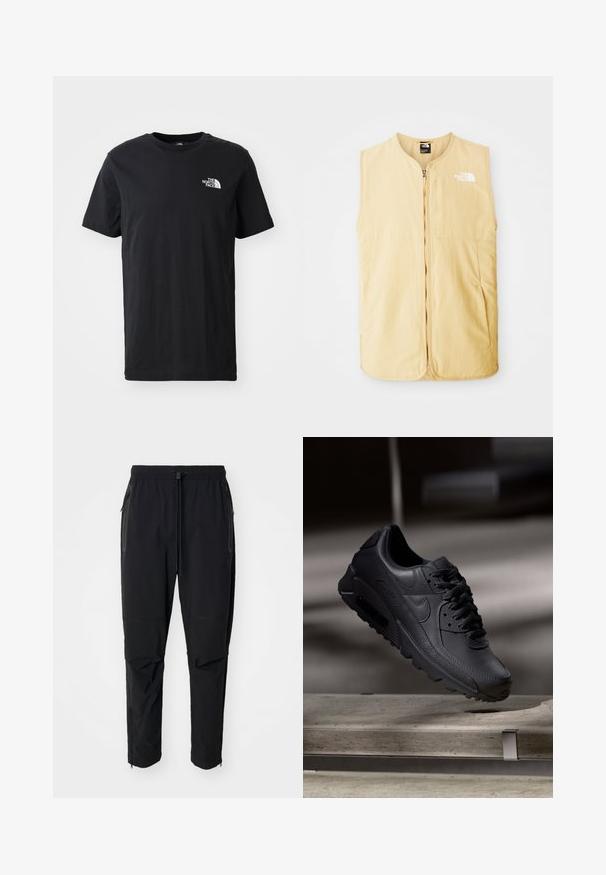 Gul, ærmeløs vest lavet af letvægtsstof, med en frontlynlås og et logo på venstre bryst. Glat tekstur og rent design.; Sort bomulds t-shirt med korte ærmer, rund hals, med et lille hvidt logo på venstre bryst. Blød tekstur, afslappet pasform.; Sort, lette udendørsbukser med elastisk talje og justerbar snoretræk. Har lynlåslommer og tapered manchetter.; Sorte Nike Air Max-sneakers med en struktureret læderoverdel, gummisål og fremtrædende snøresystem, der viser et slankt, moderne design.