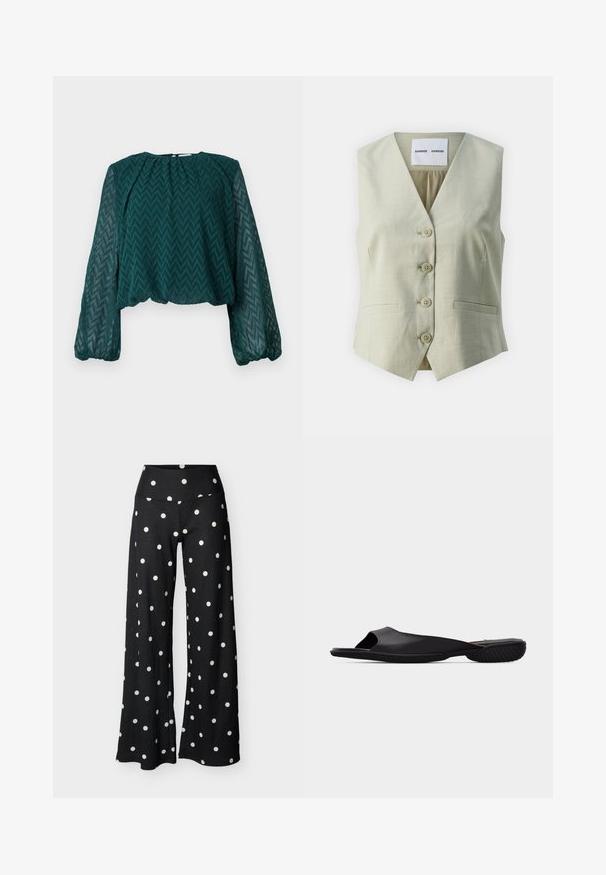 Lichtgrijze mouwloze vest met V-hals, vijf knoopsluitingen en twee voorkruiszakken. Gemaakt van een gladde stof met een subtiele textuur.; Donkergroen doorschijnend blouse met zigzagpatroon, lange pofmouwen en geraffineerde halslijn en zoom.; Zwarte broek met wijde pijpen, hoge tailleband en een gelijkmatig verdeeld wit polkadotpatroon op de stof.; Zwarte open-teen slide-sandaal met gestructureerde zool en minimalistisch ontwerp, zijaanzicht op een effen lichtgrijze achtergrond.