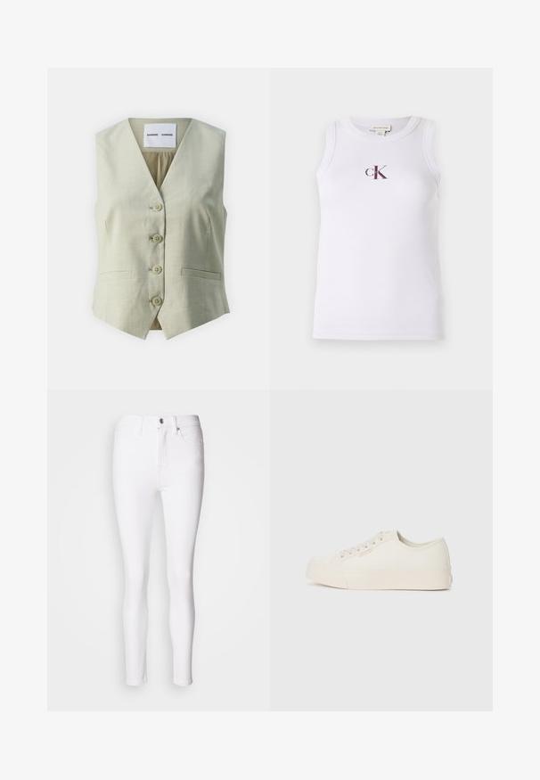 Lichtgrijze mouwloze vest met V-hals, vijf knoopsluitingen en twee voorkruiszakken. Gemaakt van een gladde stof met een subtiele textuur.; Witte geribbelde tanktop met een ronde halslijn en een klein bordeauxrood "ck" logo in het midden aan de voorkant. Gladde textuur, aangesloten model.; Witte denim skinny jeans met een hoge taille, voorzien van een voorste knoop- en ritssluiting en vijf zakken. Gladde textuur, aansluitend ontwerp.; Sneakers van off-white canvas, met een laag ontwerp, ronde neus en platte rubberen zool met subtiele stiksels.