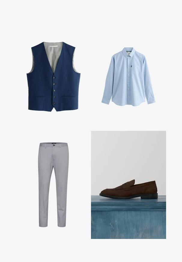 Chaleco formal de hombre azul marino con cinco botones, dos bolsillos delanteros con abertura y forro de satén gris claro.; Camisa de manga larga color azul claro con botones, que cuenta con cuello, un bolsillo en el pecho y una textura sutil en la tela.; Pantalones grises con patrón, hechos de una tela de textura suave. Cuentan con un cierre de botón y un diseño de pierna ajustada.; Mocasines de ante marrón con una textura suave, un ligero tacón y una correa decorativa prominente en la parte delantera. Suela de goma negra.