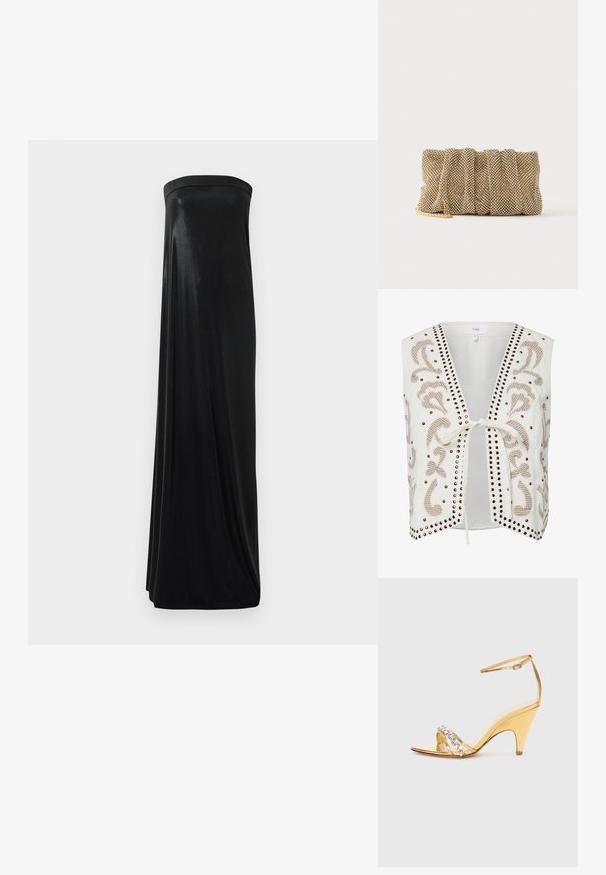 Hvid ærmeløs vest med brune nitte-detaljer og broderede blomster-mønstre, med frontknude og åben front.; Sort stropløs maxikjole lavet af glat, skinnende stof. Har en tætsiddende bodice og en svungende silhuet, der når gulvet uden udsmykninger.; Guldhælede sandaler med et bånddesign, der har rhinestone-detaljer. Åben tå, justerbar ankelrem og en spids hæl.; Lille gylden mesh clutch taske med et rynket design og en delvist synlig guldkæde på en ensfarvet hvid baggrund.