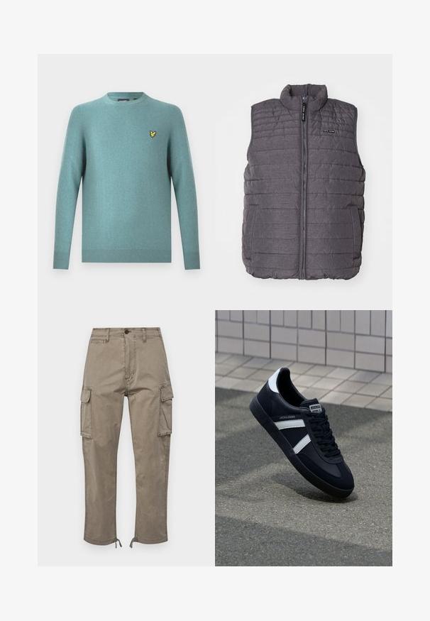 Grijze gewatteerde vest met verticale stiksels, hoge kraag en ritssluiting aan de voorkant. Bevat twee zijzakken en een klein logo op de borst.; Sweater met ronde hals in zachte teal stof, met lange mouwen en een geribde zoom. Gele geborduurde logo-accent op de borst.; Cargo pants in een gedempt taupe kleur, gemaakt van katoen, zijn voorzien van zijzakken, een rechte snit en verstelbare zoom met trekkoorden.; Zwarte leren sneaker met witte strepen, een gestructureerde rubberen zool en vetersluiting aan de voorkant. Voorzien van een merklabel op de tong.