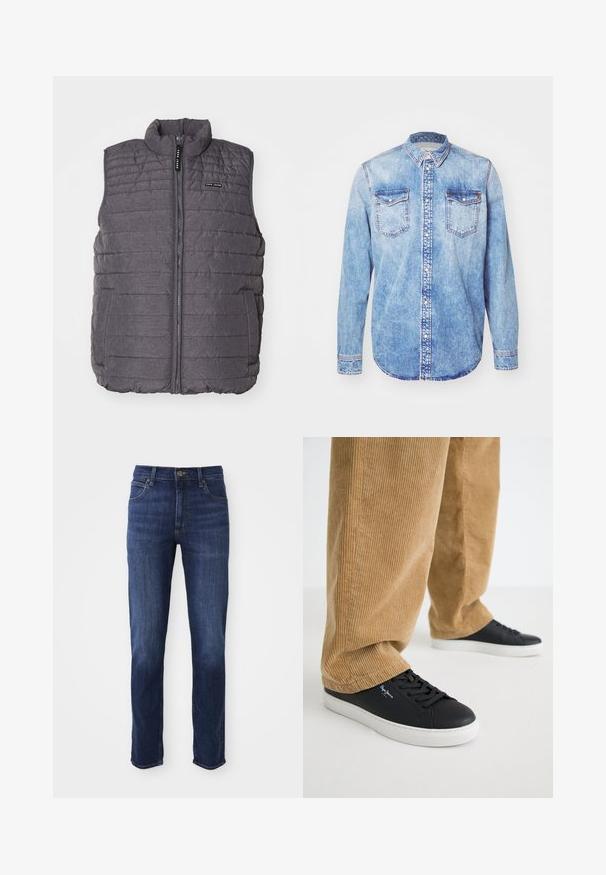 Gilet matelassé gris avec des coutures verticales, col haut et fermeture éclair à l'avant. Comprend deux poches latérales et un petit logo sur la poitrine.; Chemise en denim bleu clair à manches longues, col boutonné, deux poches sur la poitrine et surpiqûres contrastées. Ourlet arrondi et coupe classique.; Jean en denim bleu foncé avec une coupe droite, comprenant un design classique à cinq poches et un fermoir à bouton en métal. Détails de décoloration subtils sur le tissu.; Baskets en cuir noir avec des semelles en caoutchouc blanches. Portées avec un pantalon en velours côtelé beige à côtes verticales et à coupe décontractée.