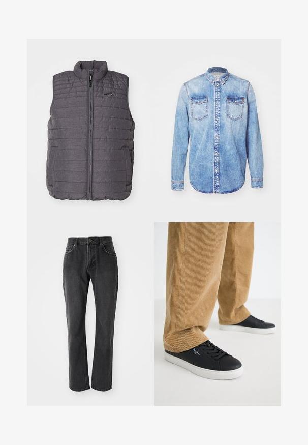 Grijze gewatteerde vest met verticale stiksels, hoge kraag en ritssluiting aan de voorkant. Bevat twee zijzakken en een klein logo op de borst.; Lichtblauw denim shirt met lange mouwen, button-down kraag, twee borstzakken en contrasterende stiksels. Afgeronde zoom en klassieke pasvorm.; Zwarte denim jeans met een rechte pasvorm, voorzien van vijf zakken, een knoopsluiting en gestikte details langs de naden en zakken.; Zwarte leren sneakers met witte rubberen zolen. Draagt een paar tan corduroy broeken met verticale ribbels en een ontspannen pasvorm.