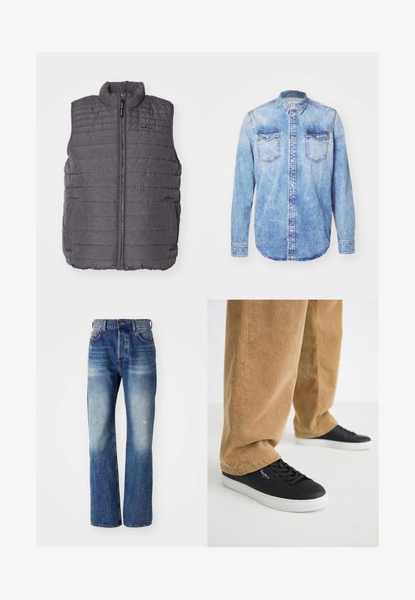 Grå polstret vest med lodret syning, høj krave og lynlås foran. Har to sidelommer og et lille logo på brystet.; Lysblå denimskjorte med lange ærmer, knap-ned krave, to brystlommer og kontrastsyetning. Rundet kant og klassisk pasform.; Blå denim jeans med lige ben-design, der har lys falmning og let whiskering fortil. Standard fem-lomme stil.; Sorte lædersneakers med hvide gummisåler. Båret med tanfarvede corduroybukser med vertikale ribber og en afslappet pasform.