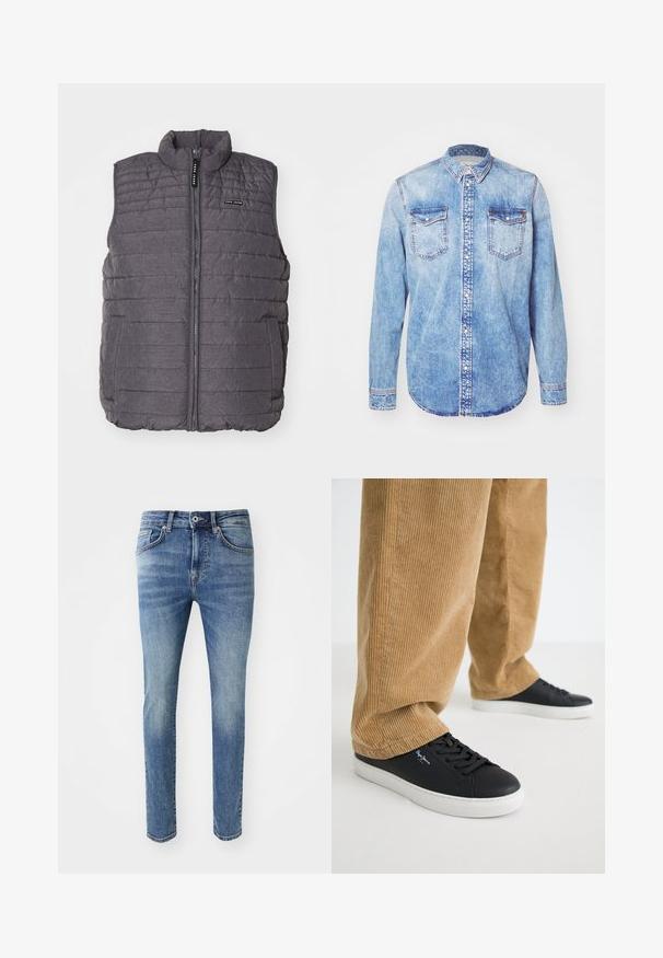 Grå polstret vest med lodret syning, høj krave og lynlås foran. Har to sidelommer og et lille logo på brystet.; Lysblå denimskjorte med lange ærmer, knap-ned krave, to brystlommer og kontrastsyetning. Rundet kant og klassisk pasform.; Favnet lys blå denimjeans med slim fit, fem lommer, lynlås og metalknaplukning i taljen.; Sorte lædersneakers med hvide gummisåler. Båret med tanfarvede corduroybukser med vertikale ribber og en afslappet pasform.
