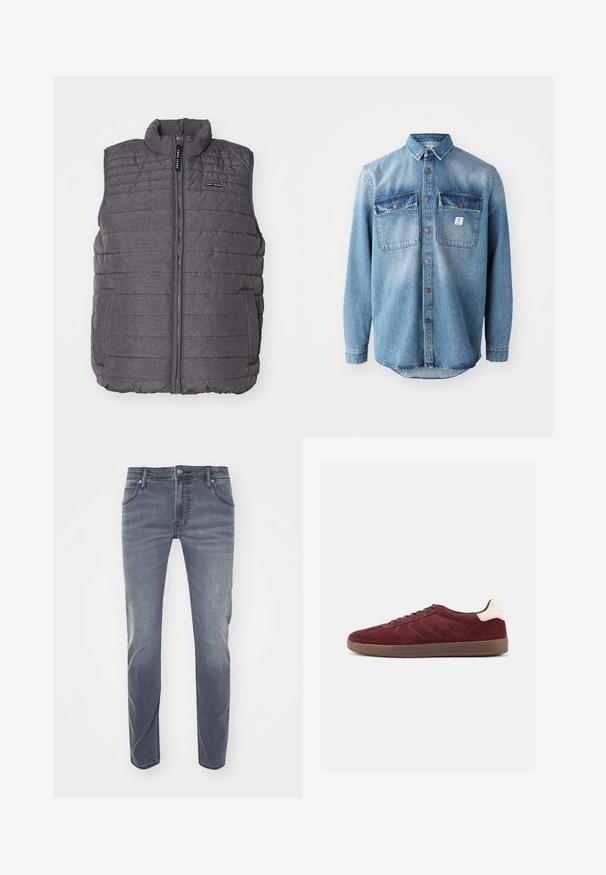 Gilet matelassé gris avec des coutures verticales, col haut et fermeture éclair à l'avant. Comprend deux poches latérales et un petit logo sur la poitrine.; Chemise en denim bleu clair à manches longues, avec deux poches sur la poitrine, fermeture à boutons à l'avant et des dessus de poche plus foncés en contraste. Présente un ourlet arrondi.; Jeans en denim bleu foncé avec une coupe droite, un léger délavage, des passants de ceinture, des poches avant et un petit logo sur la taille.; Baskets en daim bordeaux avec fermeture à lacets, détails texturés sur les côtés et accent de talon clair. Semelle en gomme avec une finition lisse.