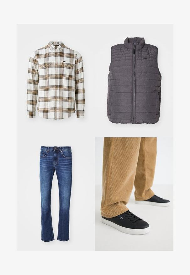 Chaleco gris acolchado con costuras verticales, cuello alto y cierre frontal de cremalleras. Cuenta con dos bolsillos laterales y un pequeño logo en el pecho.; Lee CLEAN WESTERN - Camisa - ecru ochre plaid; Vaqueros de mezclilla azul con un corte recto, con cierre de cremallera y botón, cinco bolsillos y un desgastes sutil en los muslos.; Zapatillas de cuero negro con suelas de goma blanca. Llevadas con pantalones de pana en color beige, con acanaladuras verticales y un ajuste relajado.