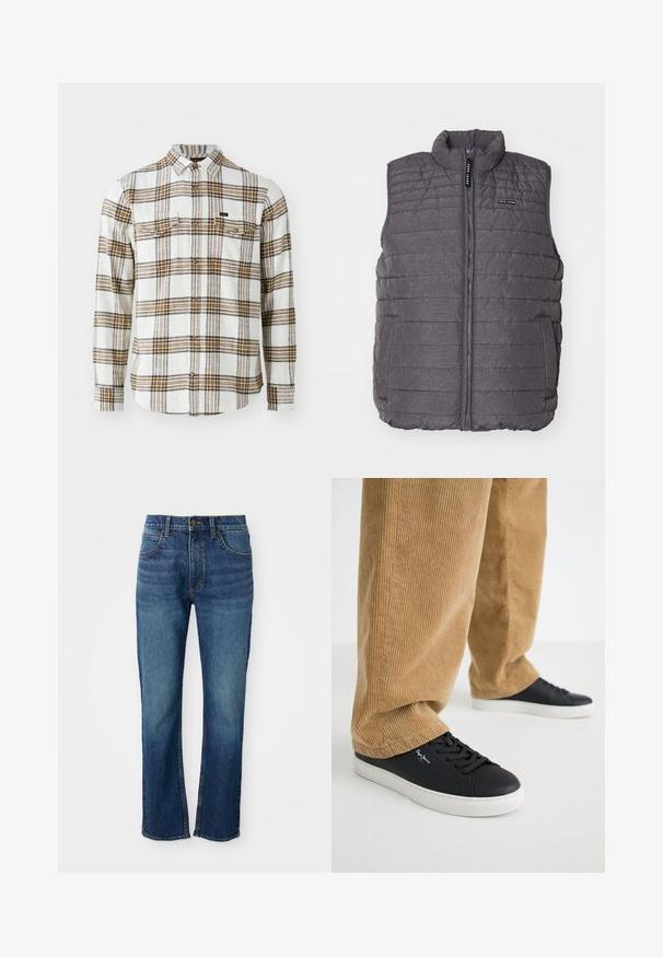 Hall värvi pehme vest, millel on vertikaalne õmblus, kõrge kaelus ja lukuga ees. Omab kahte küljetaskut ja väikest logo rinnal.; Lee CLEAN WESTERN - Pluus - ecru ochre plaid; Sinised denim püksid sirge säärega disainiga, sisaldades viit taskut, nööbiga sulgemist ja kontrastset kollast õmblust. Sile tekstuur.; Mustade nahast tossud, millel on valged kummised põhjapidemed. Kanda koos beeži soonikuga pükstega, millel on vertikaalsed sooned ja lõtv lõige.