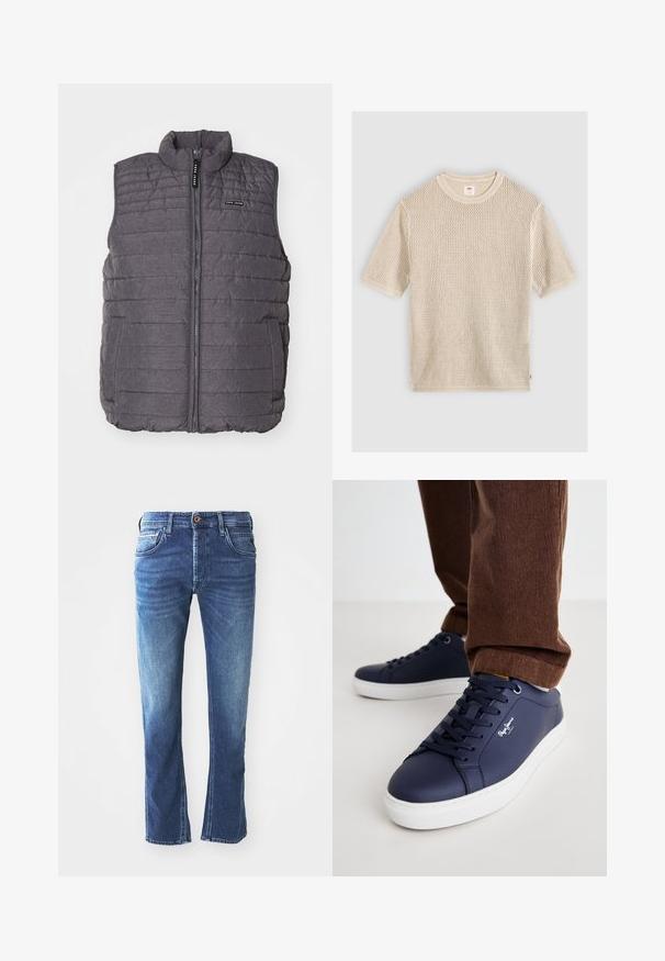 Graue gepolsterte Weste mit vertikaler Naht, hohem Kragen und Reißverschluss vorne. Verfügt über zwei Seitentaschen und ein kleines Logo auf der Brust.; Beiger kurzärmeliger Strickpullover mit rundem Ausschnitt und strukturiertem offenem Strickmuster, flach auf hellem Hintergrund liegend.; Dunkelblaue Jeans aus Denim mit geradem Bein, ausgestattet mit fünf Taschen, einem braunen Knopfverschluss und dezenten hellen Verfärbungen an den Oberschenkeln.; Marineblaue Ledersneaker mit weißer Gummisohle, runder Spitze und minimalistischem Design. Verfügt über eine Schnürung vorne und dezente Markenkennzeichnung an der Seite.
