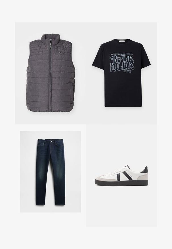 Gilet matelassé gris avec des coutures verticales, col haut et fermeture éclair à l'avant. Comprend deux poches latérales et un petit logo sur la poitrine.; T-shirt en coton noir à manches courtes et col rond, ornée d'un design graphique en texte blanc et bleu clair de style vintage sur le devant.; Jean en denim bleu foncé avec une coupe droite, comportant cinq poches, une braguette à boutons et un léger décoloration sur les cuisses. Détails de couture classiques.; Baskets blanches avec des accents noirs et gris, présentant un embout texturé gris, une semelle en caoutchouc noir et des lacets plats blancs. Design épuré, style minimaliste.