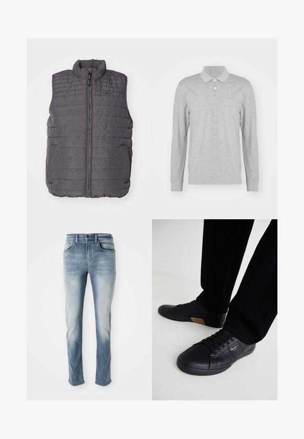 Chaleco gris acolchado con costuras verticales, cuello alto y cierre frontal de cremalleras. Cuenta con dos bolsillos laterales y un pequeño logo en el pecho.; Polo gris de manga larga confeccionado en tela suave; cuenta con un collar, tres botones y un sutil logo bordado en el pecho.; Jeans de mezclilla azul claro con un diseño clásico de cinco bolsillos, un sutil decolorado y un corte recto. Cuenta con un cierre de botón y trabillas para el cinturón.; Zapatillas de cuero negro con un diseño elegante, que presentan una superficie texturizada, punta redonda y cordones negros. Detalle del logo en dorado en el lateral.