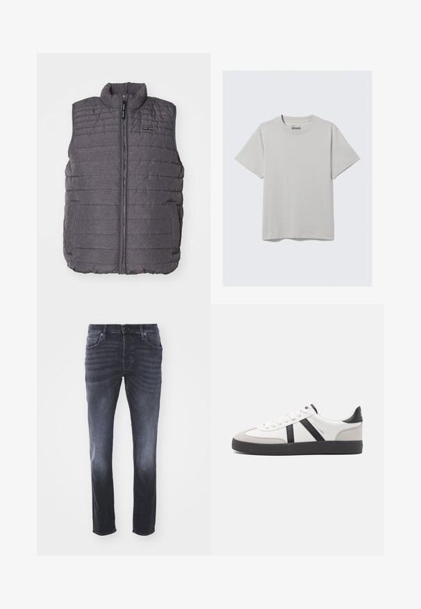 Chaleco gris acolchado con costuras verticales, cuello alto y cierre frontal de cremalleras. Cuenta con dos bolsillos laterales y un pequeño logo en el pecho.; Camiseta de algodón gris claro con cuello redondo y mangas cortas, que presenta un diseño minimalista y un corte relajado. Sin estampados ni acentos.; Vaqueros de mezclilla gris oscuro con un diseño clásico de pierna recta, que incluyen bolsillos frontales, cremallera con cierre de botón y un ligero desgastado.; Zapatilla blanca con acentos en negro y gris, que presenta una puntera texturizada en gris, suela de goma negra y cordones planos blancos. Diseño limpio, estilo minimalista.