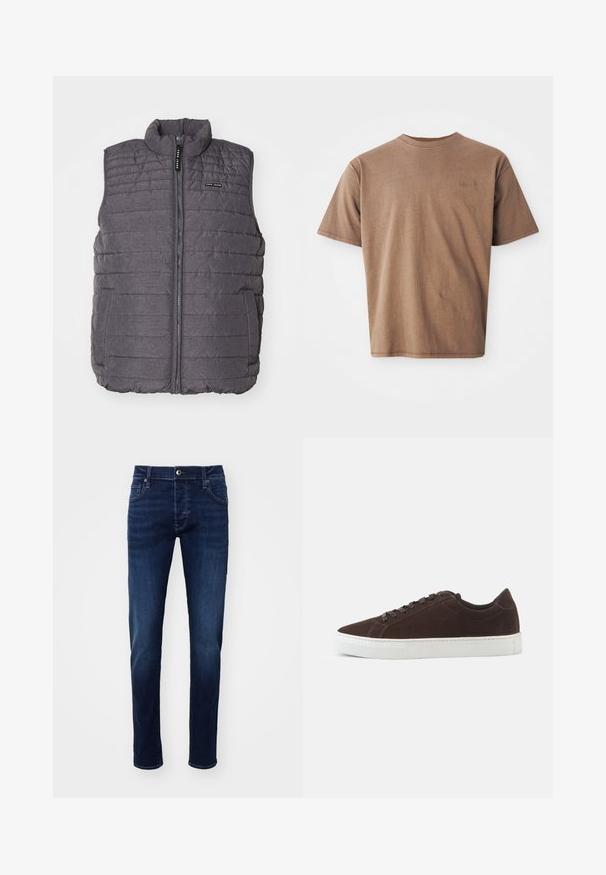 Grijze gewatteerde vest met verticale stiksels, hoge kraag en ritssluiting aan de voorkant. Bevat twee zijzakken en een klein logo op de borst.; Bruine katoenen t-shirt met ronde hals, korte mouwen en een discreet geborduurd logo op de linkerborst. Soepele structuur, relaxte pasvorm.; Donkerblauwe slim-fit spijkerbroek met knoop aan de voorkant, zakken, riemlussen en subtiele vervaging details op de benen.; Donkerbruine suede lage sneaker met bijpassende veters en dikke witte rubberen zool, zijaanzicht op een effen achtergrond.