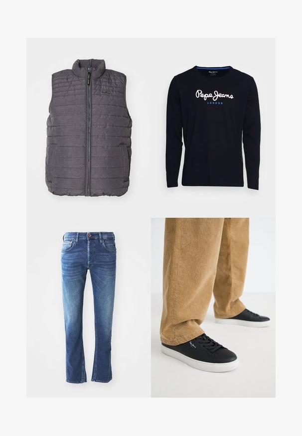 Grijze gewatteerde vest met verticale stiksels, hoge kraag en ritssluiting aan de voorkant. Bevat twee zijzakken en een klein logo op de borst.; Zwart T-shirt met lange mouwen, gemaakt van katoen, met in het midden van de borst witte en blauwe logo-tekst "Pepe Jeans London".; Donkerblauwe spijkerbroek met een rechte pijpdesign, voorzien van vijf zakken, een bruine knoopsluiting en subtiele lichte vervaging op de bovenbenen.; Zwarte leren sneakers met witte rubberen zolen. Draagt een paar tan corduroy broeken met verticale ribbels en een ontspannen pasvorm.