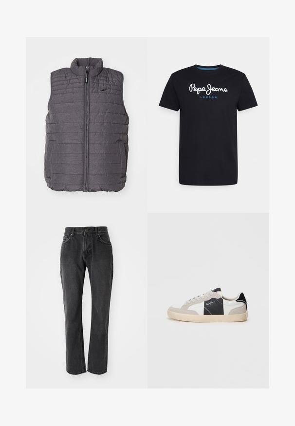 Grijze gewatteerde vest met verticale stiksels, hoge kraag en ritssluiting aan de voorkant. Bevat twee zijzakken en een klein logo op de borst.; Zwart katoenen T-shirt met een witte scriptlogo "Pepe Jeans" en een blauwe accent, ronde hals en korte mouwen. Eenvoudig, solide ontwerp.; Zwarte denim jeans met een rechte pasvorm, voorzien van vijf zakken, een knoopsluiting en gestikte details langs de naden en zakken.; Witte en grijze low-top sneakers van suede en leer. Bevat een zwart accent, witte stiksels en een rubberen zool.