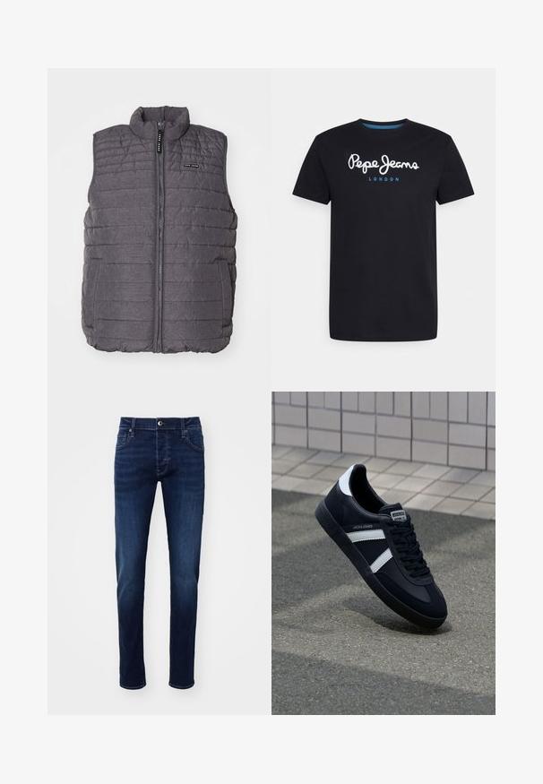 Grijze gewatteerde vest met verticale stiksels, hoge kraag en ritssluiting aan de voorkant. Bevat twee zijzakken en een klein logo op de borst.; Zwart katoenen T-shirt met een witte scriptlogo "Pepe Jeans" en een blauwe accent, ronde hals en korte mouwen. Eenvoudig, solide ontwerp.; Donkerblauwe slim-fit spijkerbroek met knoop aan de voorkant, zakken, riemlussen en subtiele vervaging details op de benen.; Zwarte leren sneaker met witte strepen, een gestructureerde rubberen zool en vetersluiting aan de voorkant. Voorzien van een merklabel op de tong.