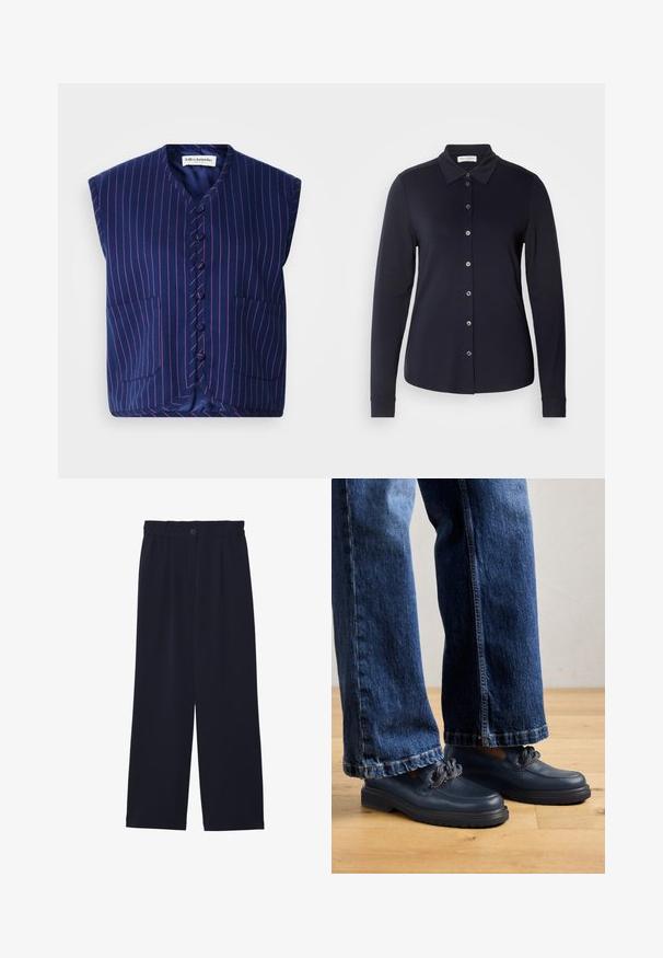 Marineblå ærmeløs vest med pink lodrette striber, featuring en v-hals, frontknaplukning og to patchlommer. Blødt tekstil.; Marineblå langærmet skjorte med knapper, klassisk krave, blødt stof og seks frontknapper. Har tilpassede manchetter og en glat tekstur.; Marineblå brede bukser med en glat tekstur, elastisk talje, enkel frontfold og en knaplukning i taljen.; Mørkeblå lædersko med en kraftig sål og kæde detalje på overdelen, parret med løstsiddende mørkeblå denim jeans.