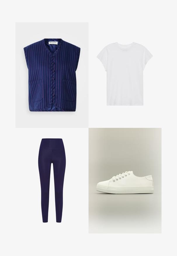 Chaleco sin mangas de color azul marino con rayas verticales rosas, con escote en V, cierre de botones en el frente y dos bolsillos de parche. Textura de tela suave.; Camiseta blanca de manga corta con cuello redondo, corte relajado, hecha de suave tela de algodón. Textura lisa, sin estampados ni logotipos.; Leggings azul marino con una cintura alta, hechos de un material liso y elástico. El diseño presenta una forma ajustada sin patrones.; Zapatilla blanca baja con cordones blancos y suela de goma mostrada desde vista lateral sobre un fondo neutro.