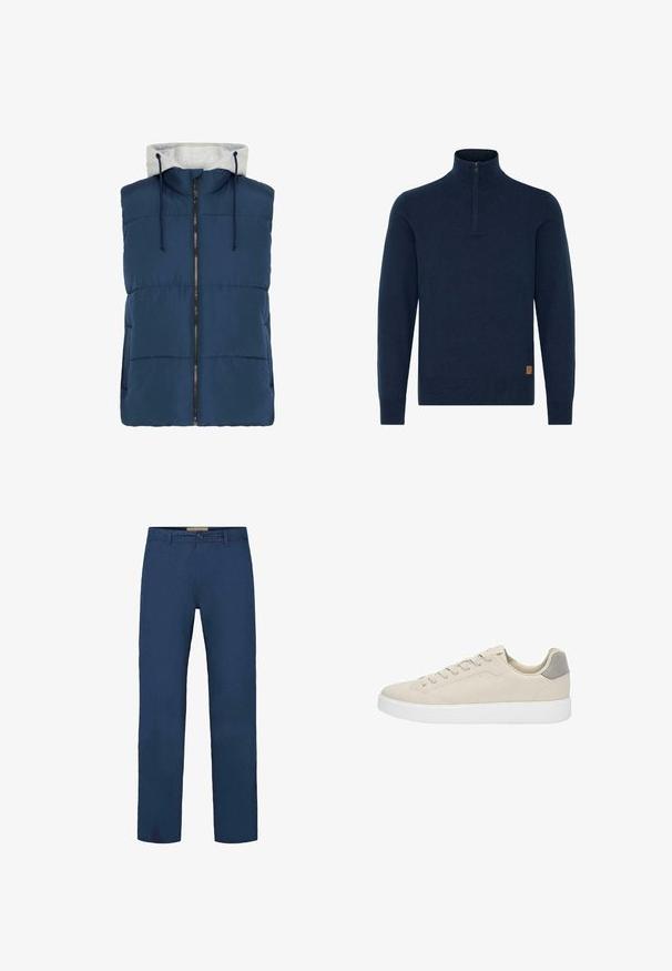 Gilet matelassé bleu marine avec une capuche grise, fermeture éclair à l'avant et cordons de serrage. Doté de coutures horizontales et d'une coupe décontractée. Matériau léger.; Pull à manches longues bleu marine avec un zip quart et un col haut, des poignets et un ourlet côtelés, et une petite étiquette logo marron sur le côté inférieur.; Pantalon en coton bleu marine avec une coupe droite, doté d'une fermeture à boutons à l'avant et de poches latérales visibles. Texture lisse.; Baskets en suede beige avec semelles en caoutchouc blanches, présentant un design basse et un accent gris sur le talon. Fermeture à lacets avec des coutures minimales.