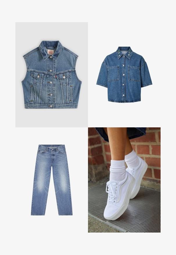 Μπλε denim αμάνικο μπουφάν με κουμπιά μπροστά, δύο τσέπες στο στήθος με καπάκια και κλασικό γιακά.; Πουκάμισο denim με κοντά μανίκια, κουμπιά, δύο μπροστινές τσέπες και κεντήματα με λουλούδια στο γιακά.; Απαλά μπλε τζιν παντελόνια με ίσια γραμμή, σχεδίαση πέντε τσεπών και ορατή φθορά στους μηρούς. Διαθέτουν κουμπί στο φερμουάρ και θηλιές για ζώνη.; Λευκά καμβά παπούτσια με καουτσούκ σόλες, που διαθέτουν έξι τρυπούλες, στρογγυλή μύτη και λεπτομέρειες από ελαφριά ραφή, σε συνδυασμό με λευκές κάλτσες μέχρι τον αστράγαλο.