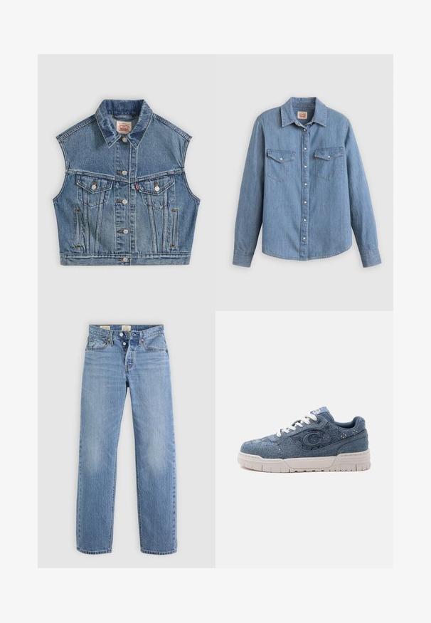 Μπλε denim αμάνικο μπουφάν με κουμπιά μπροστά, δύο τσέπες στο στήθος με καπάκια και κλασικό γιακά.; Γαλάζιο τζιν πουκάμισο με μακριά μανίκια, κουμπωμα μπροστά, δύο τσέπες στο στήθος και κλασικό γιακά. Λεία υφή και άνετη εφαρμογή.; Ανοικτό μπλε τζιν παντελόνι με ίσια γραμμή, μεταλλικό κούμπωμα, μπροστινές τσέπες και διακριτές φθορές σε όλη την επιφάνεια.; Μπλε τζιν αθλητικό παπούτσι με λευκή σόλα και κορδόνια, με μεγάλο έμβλημα "C" στο πλάι και υφή υφασμάτινου σχεδίου.