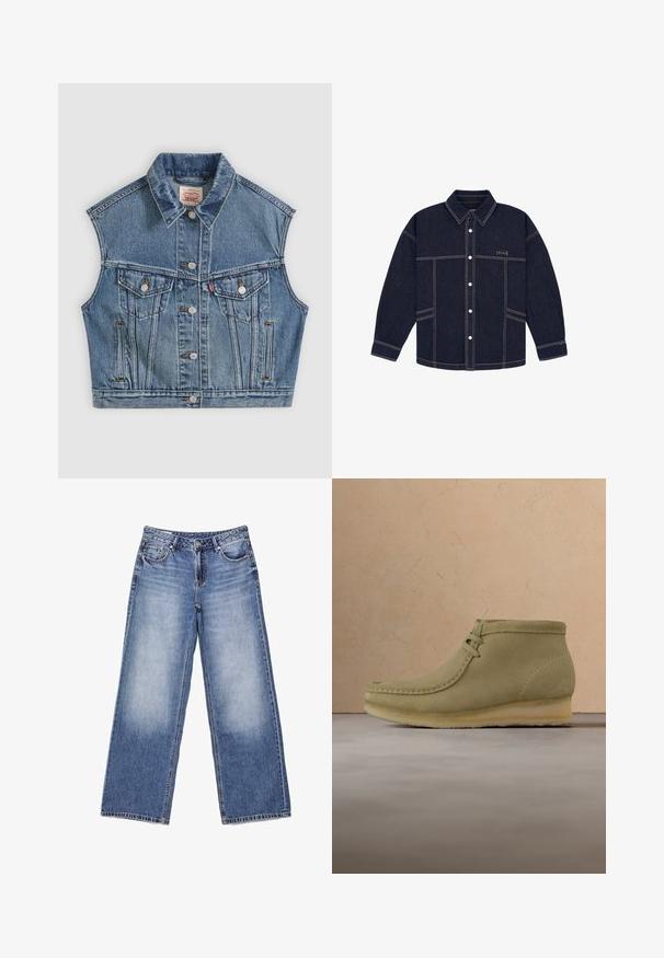 Veste sans manches en denim bleu avec boutons sur le devant, deux poches poitrine à rabats et un col classique.; Veste en denim bleu foncé avec surpiqûres blanches contrastantes, boutons pression à l'avant, manches longues, col, et une petite étiquette logo rectangulaire sur la poitrine.; Jean en denim bleu à taille haute, jambes larges, poches avant et zones décolorées sur les cuisses, posé à plat sur un fond blanc.; Bottines en suédine beige avec un bout arrondi, des coutures minimales, un petit talon et un laçage pour un ajustement réglable.