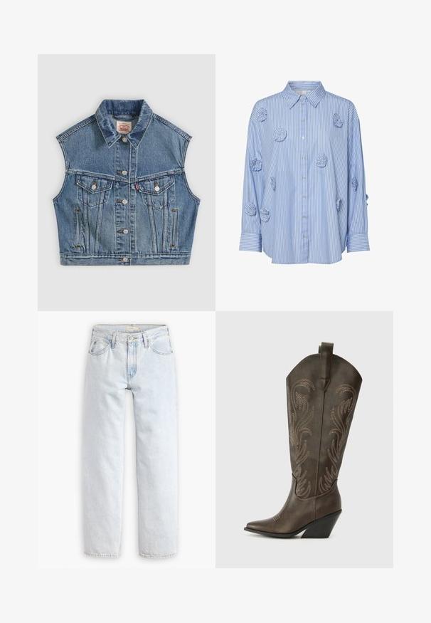 Chaqueta sin mangas de mezclilla azul con botones en la parte delantera, dos bolsillos en el pecho con solapas y un cuello clásico.; Camisa de rayas azul y blanca con cuello, adornada con aplicaciones de rosas de tela y mangas largas, fabricada en material de algodón ligero.; Jeans de mezclilla de pierna recta en azul claro con una cintura alta, que presentan cinco bolsillos, un cierre frontal de botón y detalles de costura visibles.; Bota de vaquero de cuero marrón con puntera afilada, tacón en cuña y bordado decorativo. Presenta un caña alta y una lengüeta de agarre.