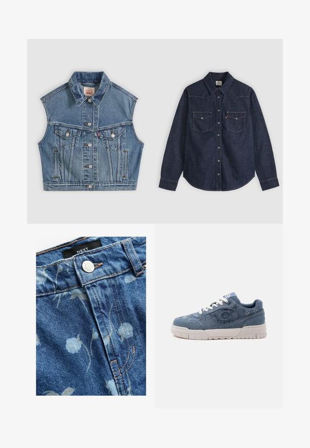 Blauwe denim mouwloze jas met knopen aan de voorkant, twee borstzakken met kleppen en een klassieke kraag.; Donkerblauw denim overhemd met lange mouwen, spitse kraag, voorsluiting met drukknopen en twee borstzakken met knopen en contrasterende stiksels.; Denimstof in lichtblauw, met een bloemenprint. Inclusief een zilveren knoopsluiting en tan kleurige stiksels langs de naden. Merkaanduiding zichtbaar.; Blauwe denim sneaker met witte zool en veters, met een groot "C" embleem aan de zijkant en een textuurstof ontwerp.